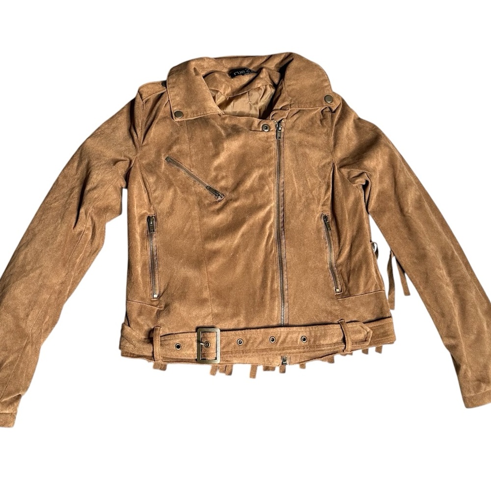 rue 21 Faux Suede Brown Jacket Fringed Back Retro Hippie Juniors size M